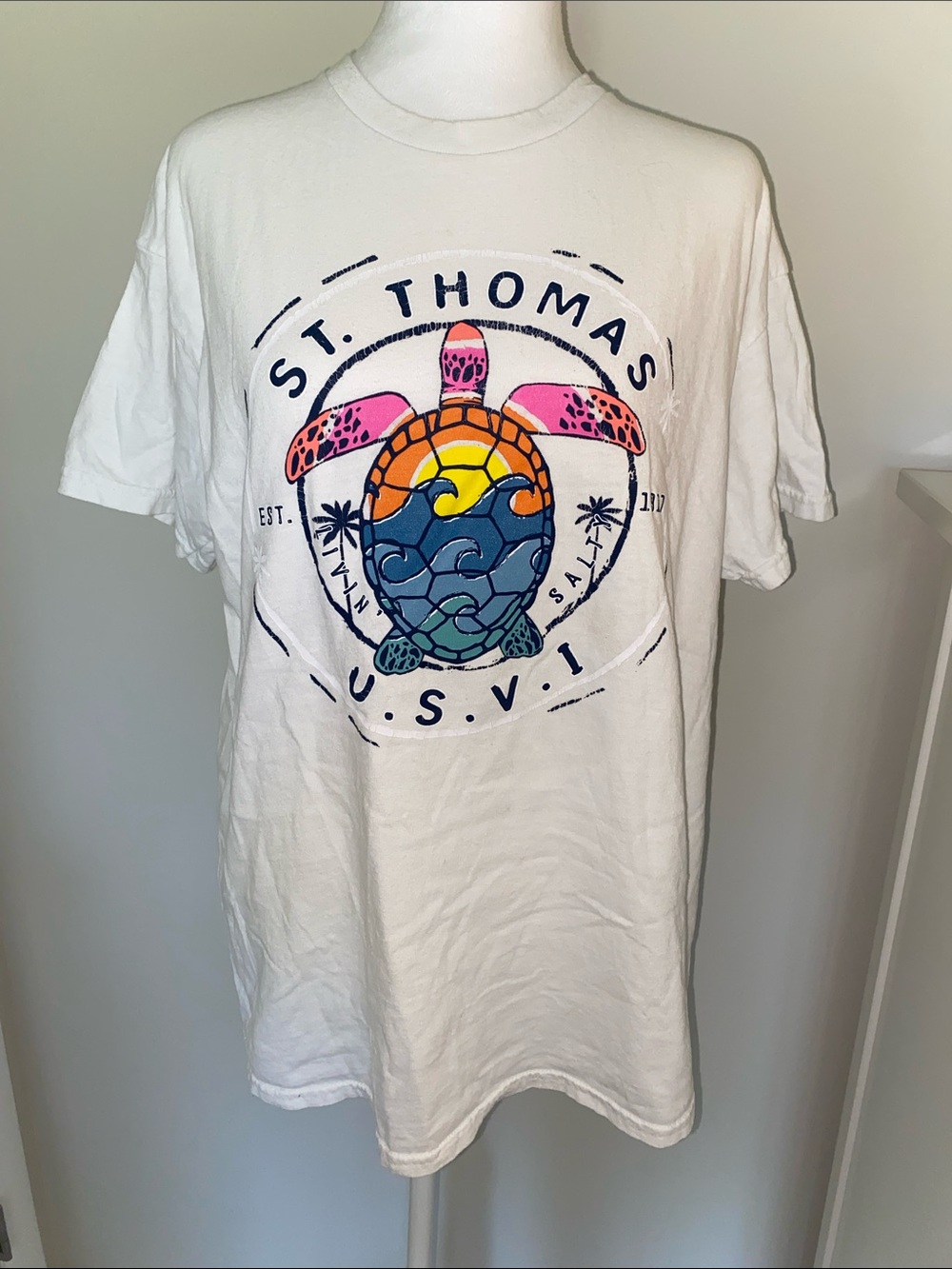 Gildan White Short Sleeve Tee with Multicolor Turtle Graphic